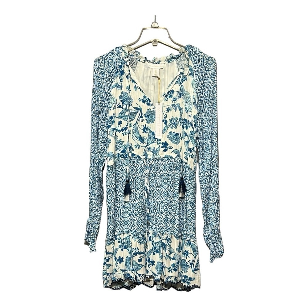 House of Harlow 1960 Blue Floral Patchwork Boho Tassel Mini Dress Small